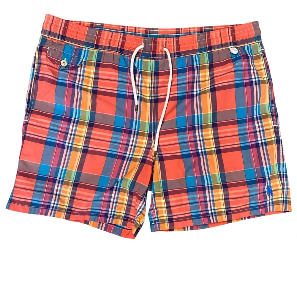 Polo Ralph Lauren Mens Madras Plaid Swim Trunks Multi Color Orange Blue Large